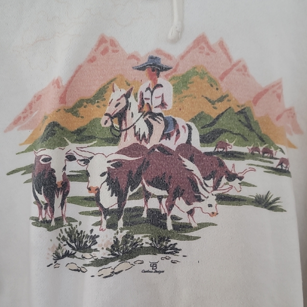 Cowgirl Western Graphic Cropped Raw Edge Cream Hoodie - Picture 4 of 4